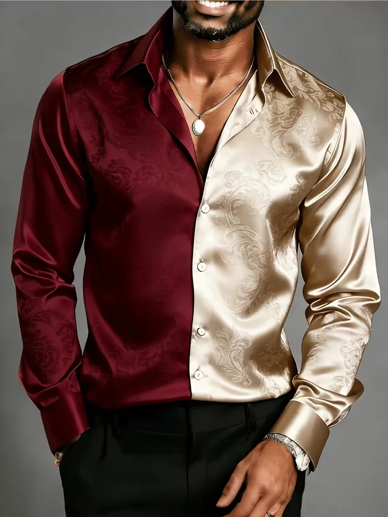 New wine red champagne gold color blocked dark pattern 3D printed long sleeved shirt, light luxury men's shirt