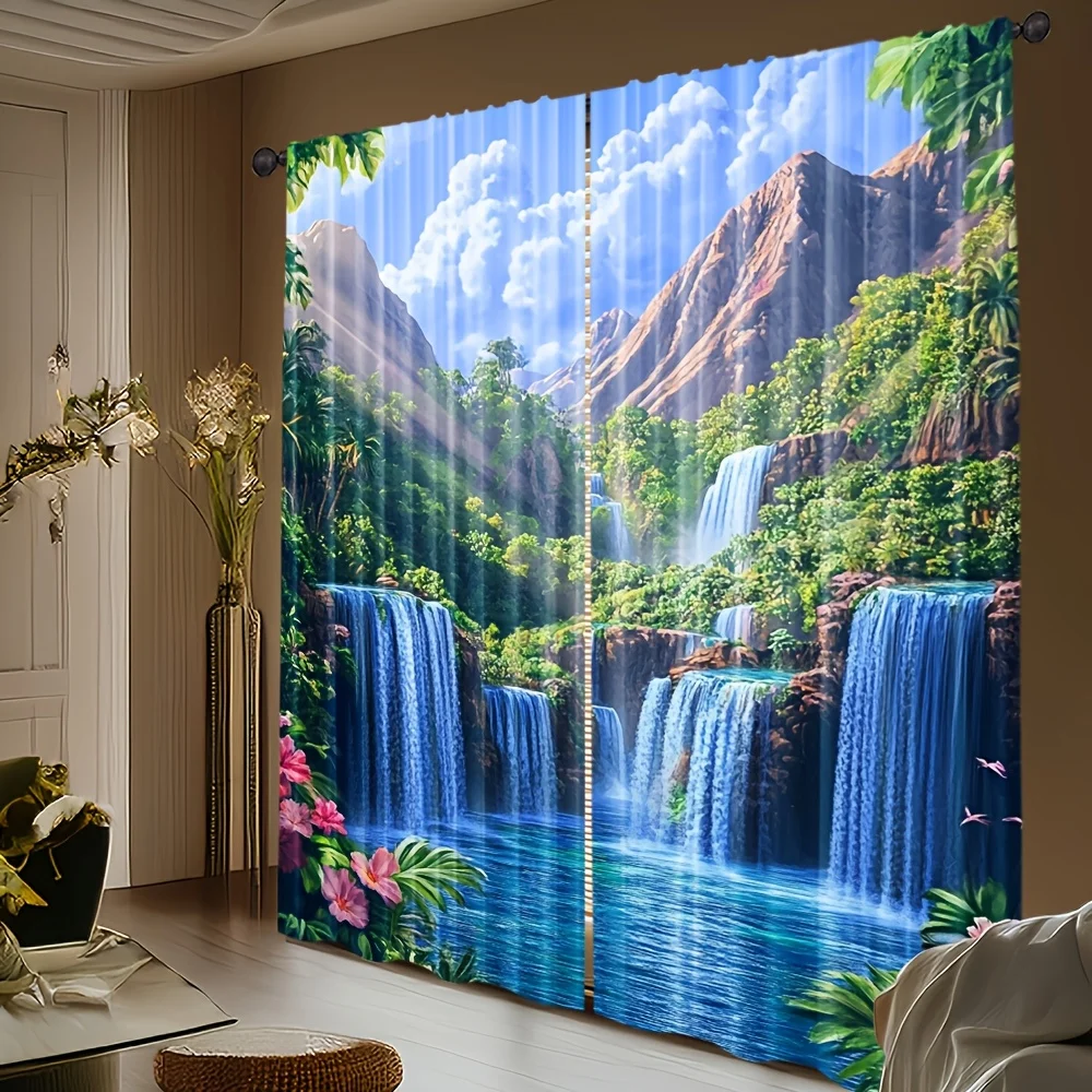 2 Panels Tropical Waterfall Printed Curtains, Scenic Mountain River Landscape Drapes for Living Room Bedroom Window Home Decor