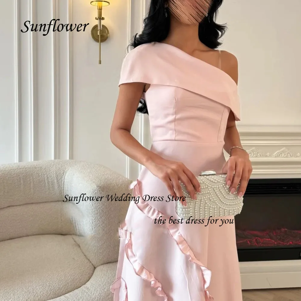 Sunflower Pink Simple Off The Shoulder Pleat A-LINE Formal Evening Dress Saudi Arabia 2024 Slim Crepe Ankle-Length Prom Dress