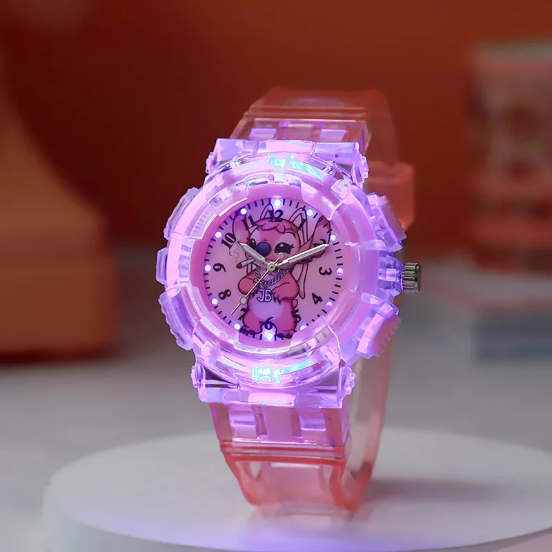 Pola Jam Tangan Malaikat Jahit Disney Led Flash Bersinar Anak-anak ​ Jam Tangan Mainan Jam Tangan Kuarsa Modis Hadiah Natal untuk Anak-anak