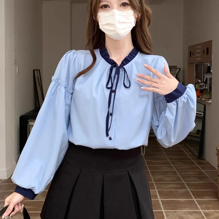 Francês doce camisas femininas o-pescoço rendas puff manga retalhos all-match estilo preppy topos jovem blusas macias feminino ins