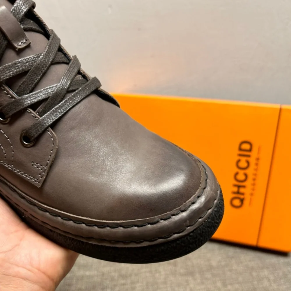 QHCCID أحذية رجالية عالية الجودة من الجلد الطبيعي على الطراز القديم، أحذية قطنية دافئة للرجال بنعل داخلي #2