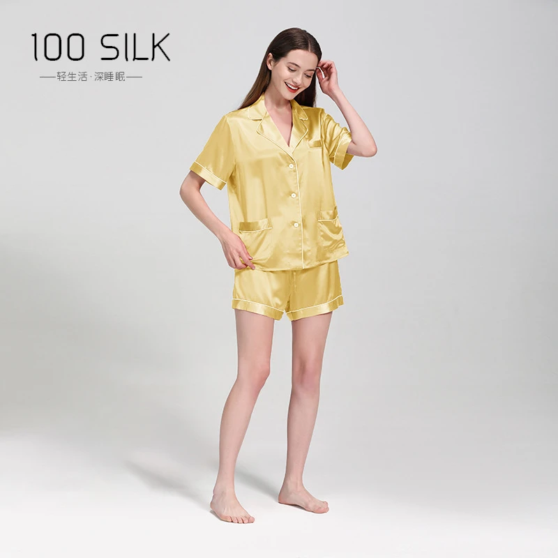 25MM Heavy Silk Pajamas Women's Piping Short-sleeved Shorts 100% Mulberry Silk Home Clothes Suit Soft Lapel Cardigan 2 Piece Set