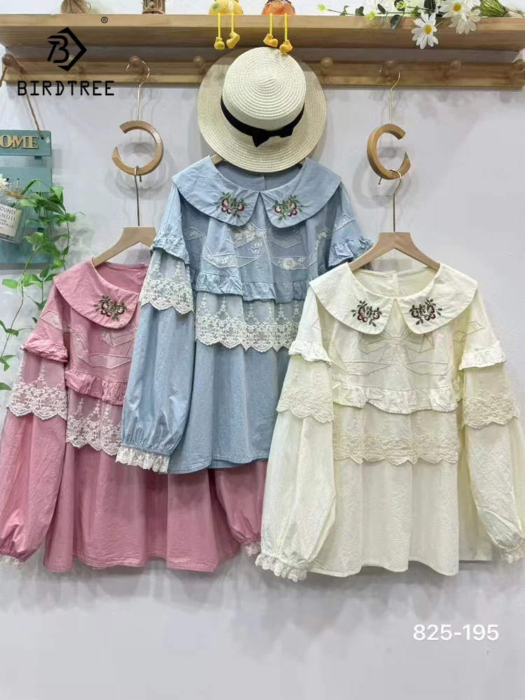 

Новая женская хлопковая рубашка с длинным рукавом Весна 2026, с отложным воротником, вышивкой и кружевом, в стиле Mori Girl, свободная блузка-кукла T62287CC