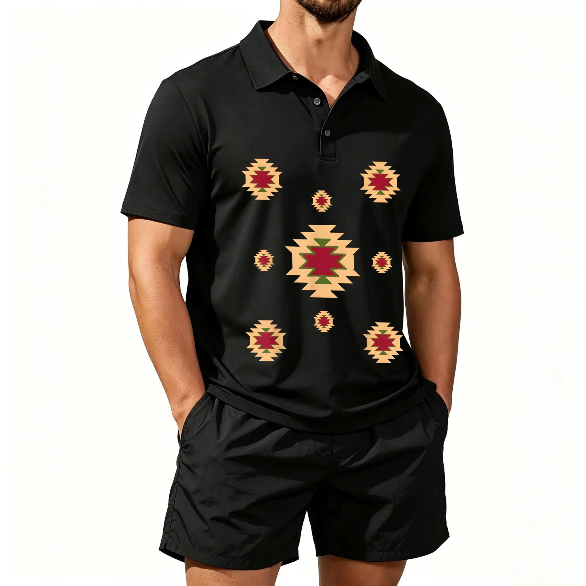 Conjunto de Camiseta Polo de Manga Corta para Hombre, Estilo Étnico Geométrico Azteca Occidental, Estampados Tribales del Suroeste, Adecuado para Uso Diario y Actividades al Aire Libre. La tela es transpirable y agradable al tacto y se puede lavar a máquina.