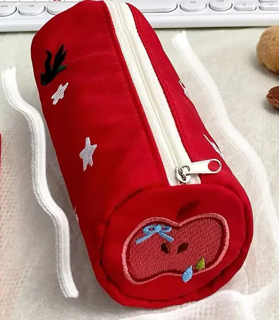 Red Embroidered Pencil Case Cartoon Portable Cosmetic Bag Pencil Bag Storage Bag Stationery Pouch Student Gifts