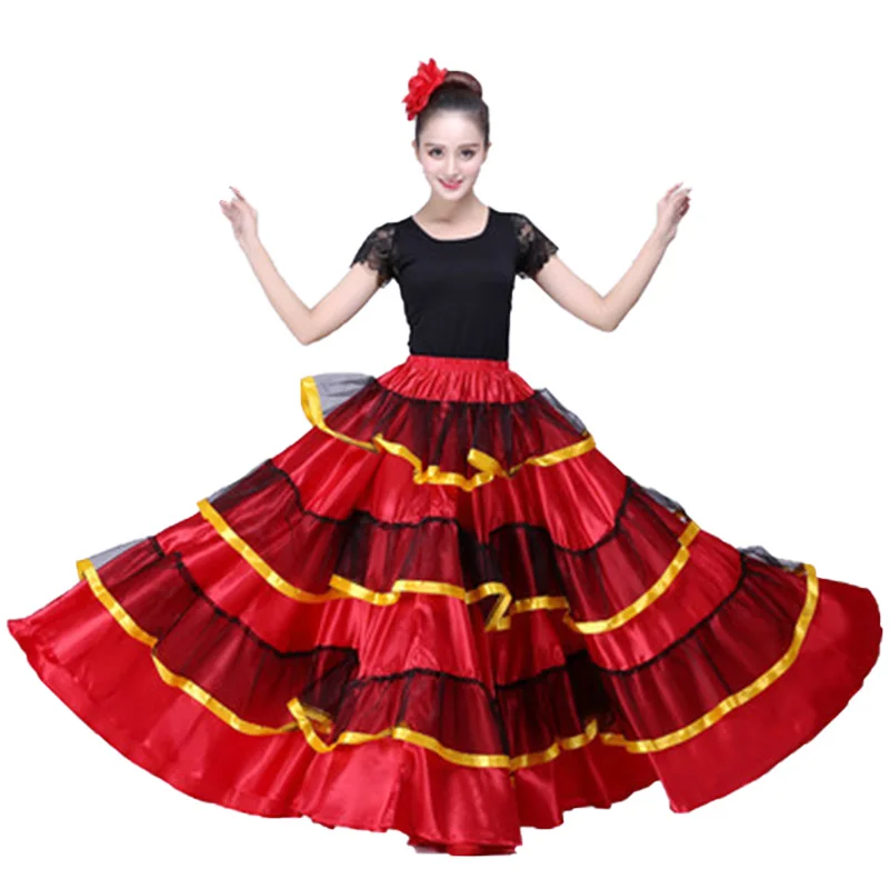 720Degree Gypsy Woman Spanish Flamenco Skirt Polyester Satin Smooth Big Swing Carnival Party Ballroom Belly Dance Costumes Dress