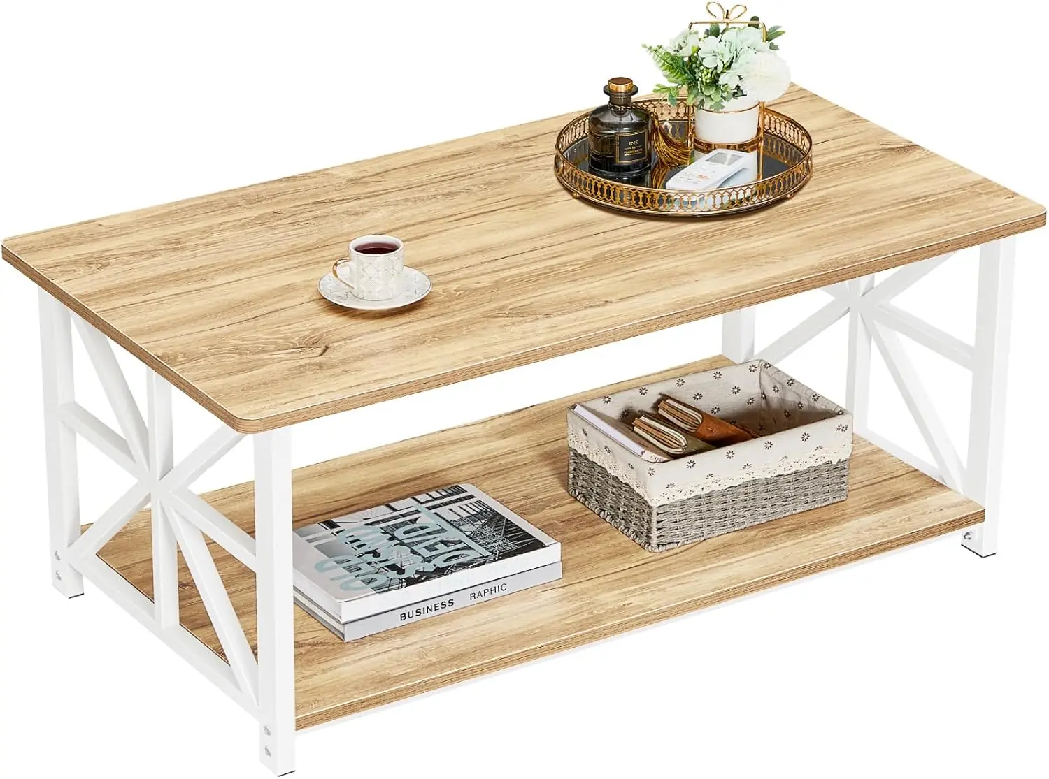 

Coffee Table with Round Corner, Farmhouse Center Table with 2-Tier Storage Shelf X-Frame Design for Living Room 39 inch