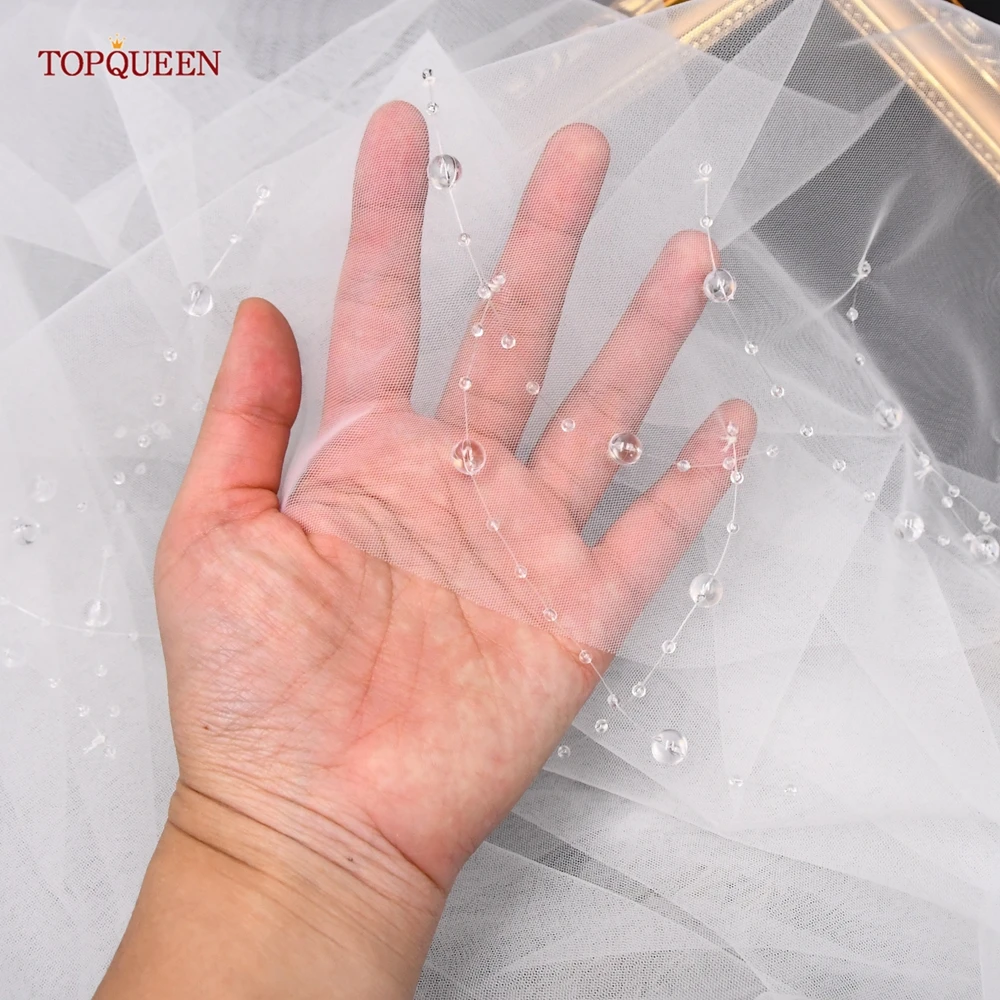 TOPQUEEN-velo de novia de lujo con borde de cadena de cuentas de cristal, colorete blanco de dos niveles, accesorios de boda de tul suave con peine V216