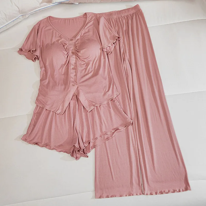 Women's Pajamas Casual Short Sleeve Chest Pad Top Shorts Trousers Sets Modal Comfortable Sleepwear Three Pieces Suit Home Wear 3