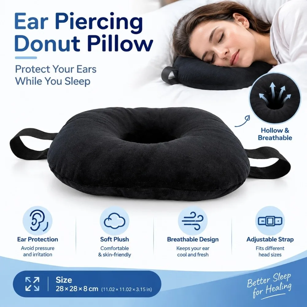 Soft Ear Piercing Donut Pillow Breathable Hollow Ear Cushion Adjustable Strap Comfortable Side Sleeping Ear Pillow Side Sleep