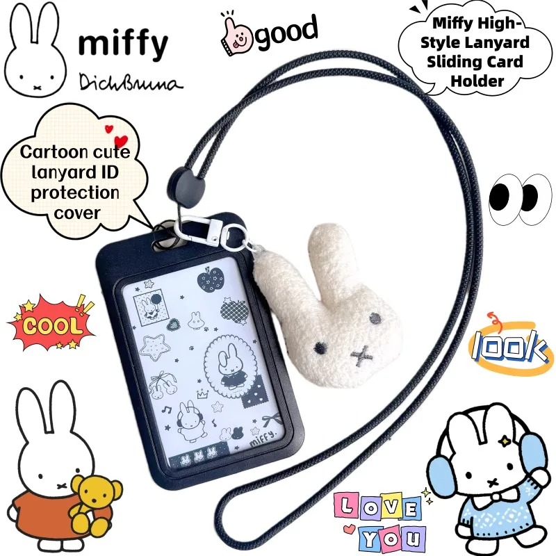 

New Miffy Rabbit cartoon cute high-value lanyard slide cover card holder creative anime peripheral neck strap ID protection case