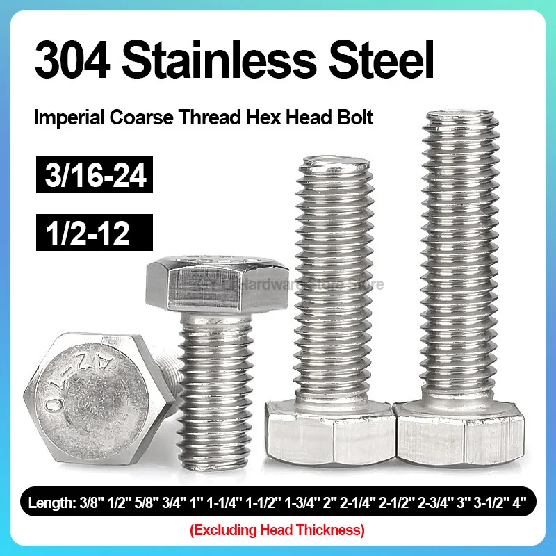 304 Stainless Steel A2-70 Hex Head Bolt BSW Coarse Thread 3/16-24 1/2-12 Imperial Hex Bolt Anti-Corrosion Hardware Fastener