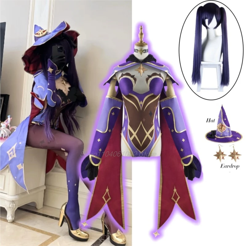 Mona-Disfraz de Cosplay para mujer, juego de Anime Genshin, mono de impacto, disfraz de Halloween para mujer, fiesta de carnaval, uniforme Sexy, peluca, ropa