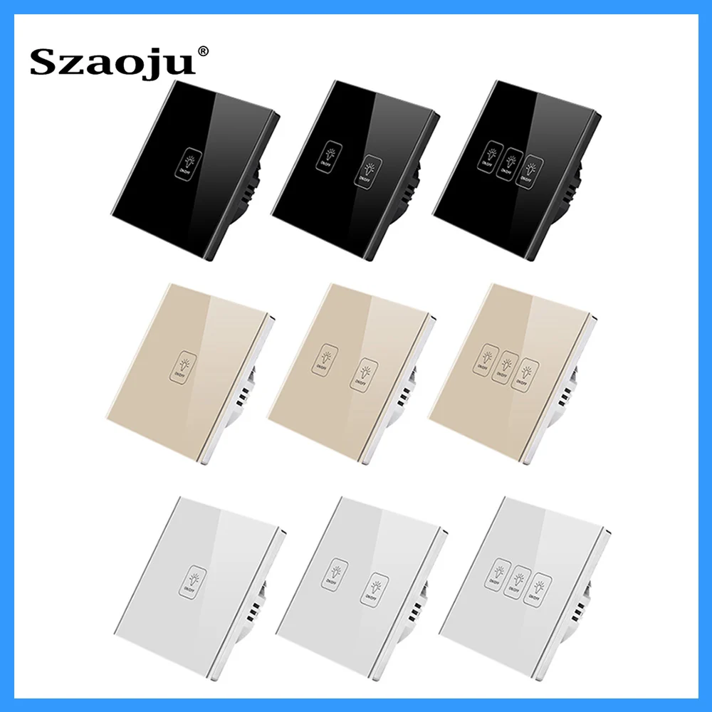 Szaoju Wall Touch Switch EU Standard Tempered Glass Panel 1/2/3 Gang 1 Way Light Sensor Switch Waterproof 10A 110-220V