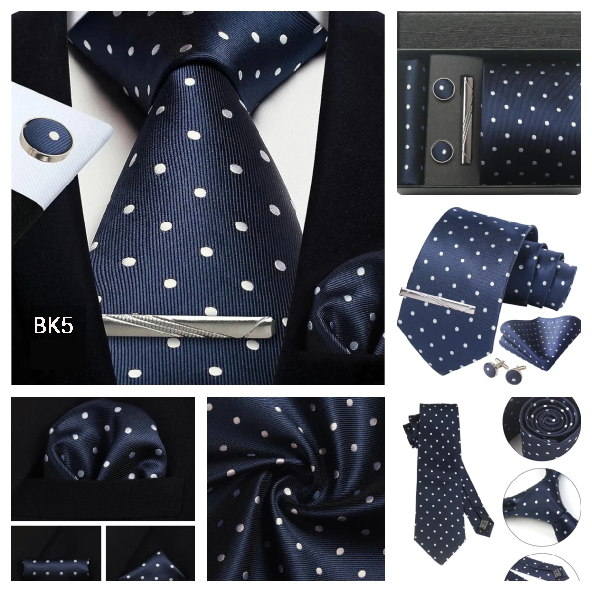 Klassische Herrenkrawatten aus 100 % Seide in Geschenkbox, 8 cm, kariert, gepunktet, gestreift, Business-Krawatte, Einstecktuch, Manschettenknöpfe, Hochzeitskrawatten-Set – Detail 21