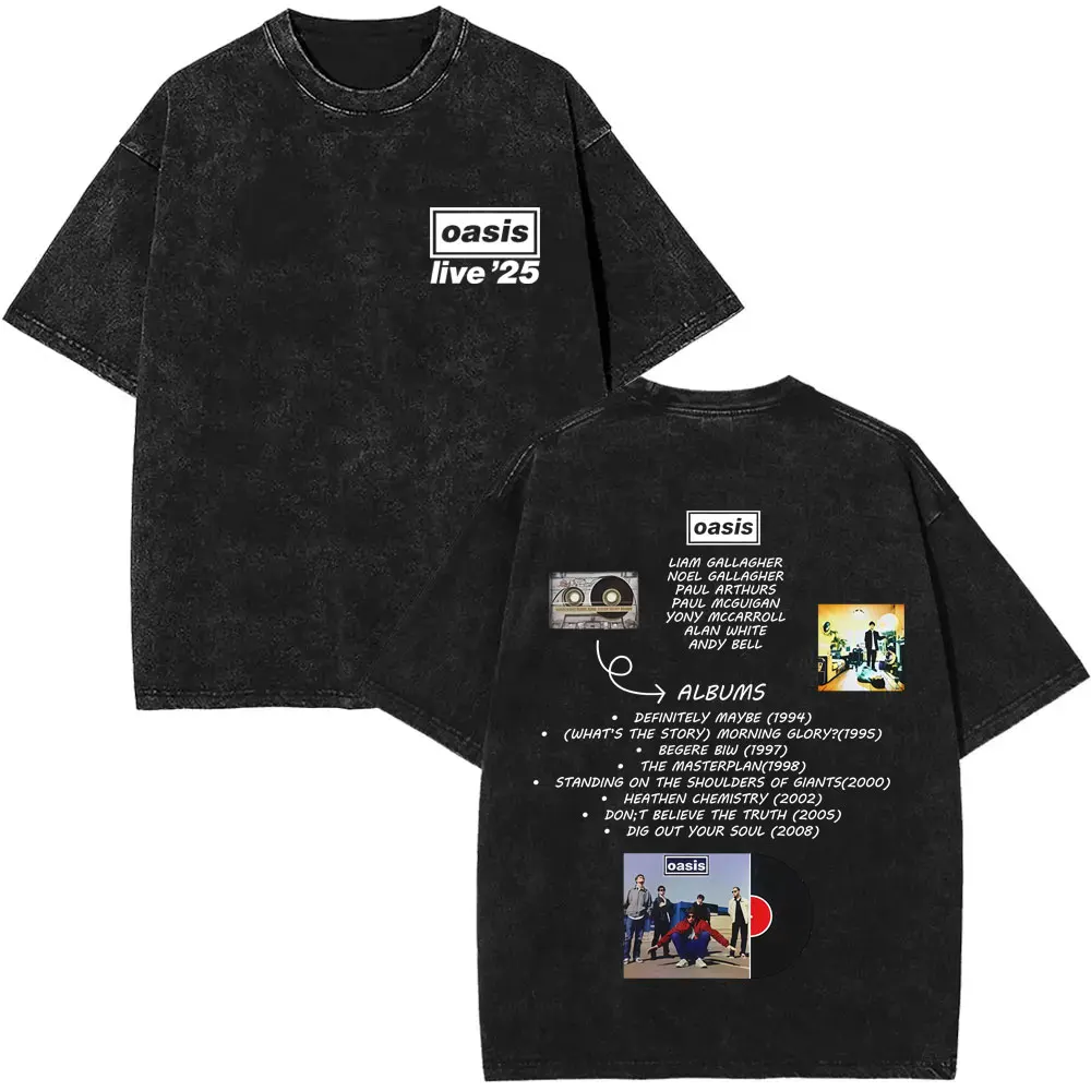 

Washed Vintage Rock Band O-Oasis Live 25 Tour T Shirt Men Casual Oversized Tshirt Men's High Quality Cotton Short Sleeve T-shirt