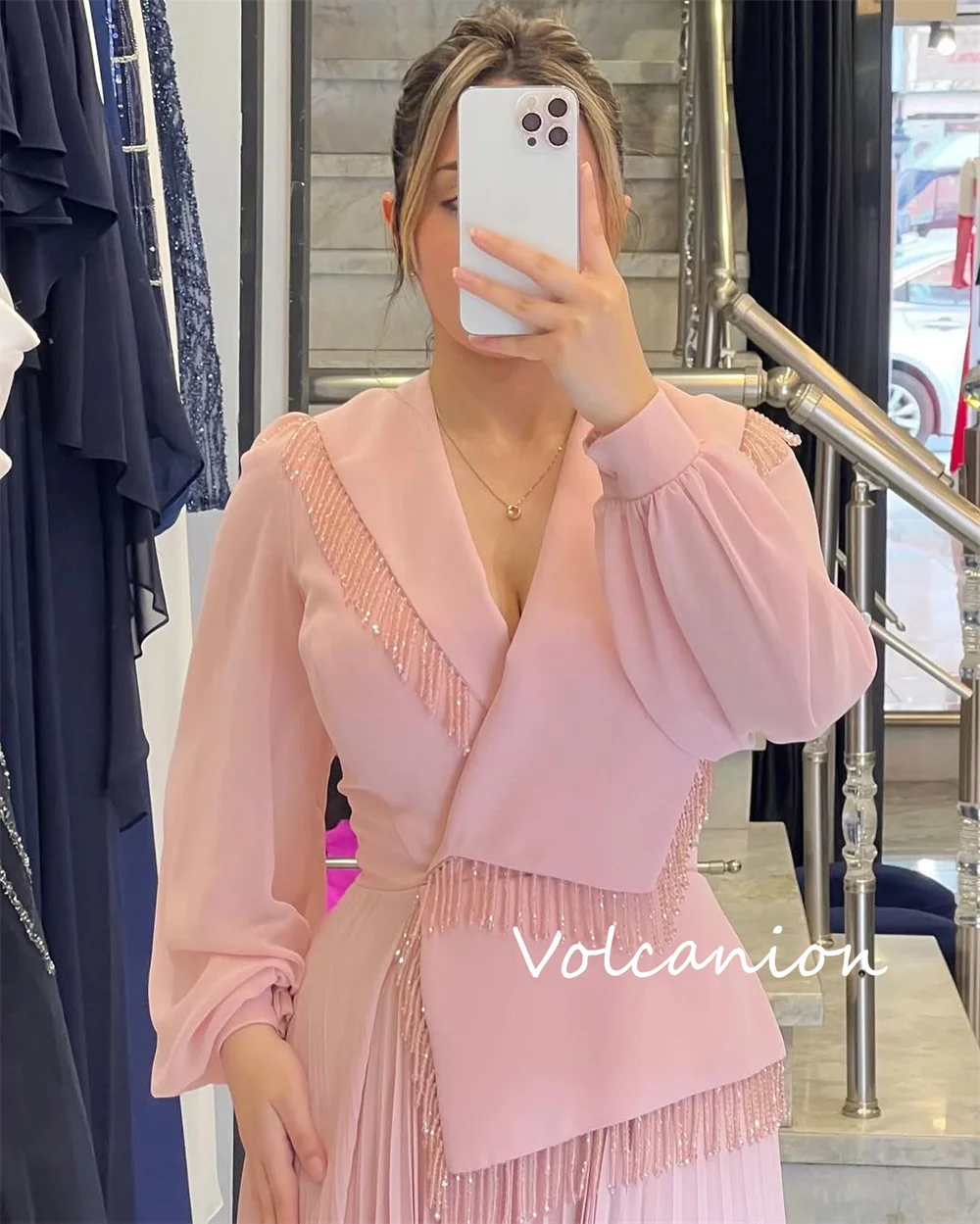 تخصيص جودة عالية الشيفون مطرزة الطية ألف خط الخامس الرقبة فساتين طويلة مناسبة مخصصة النمط الصيني #2