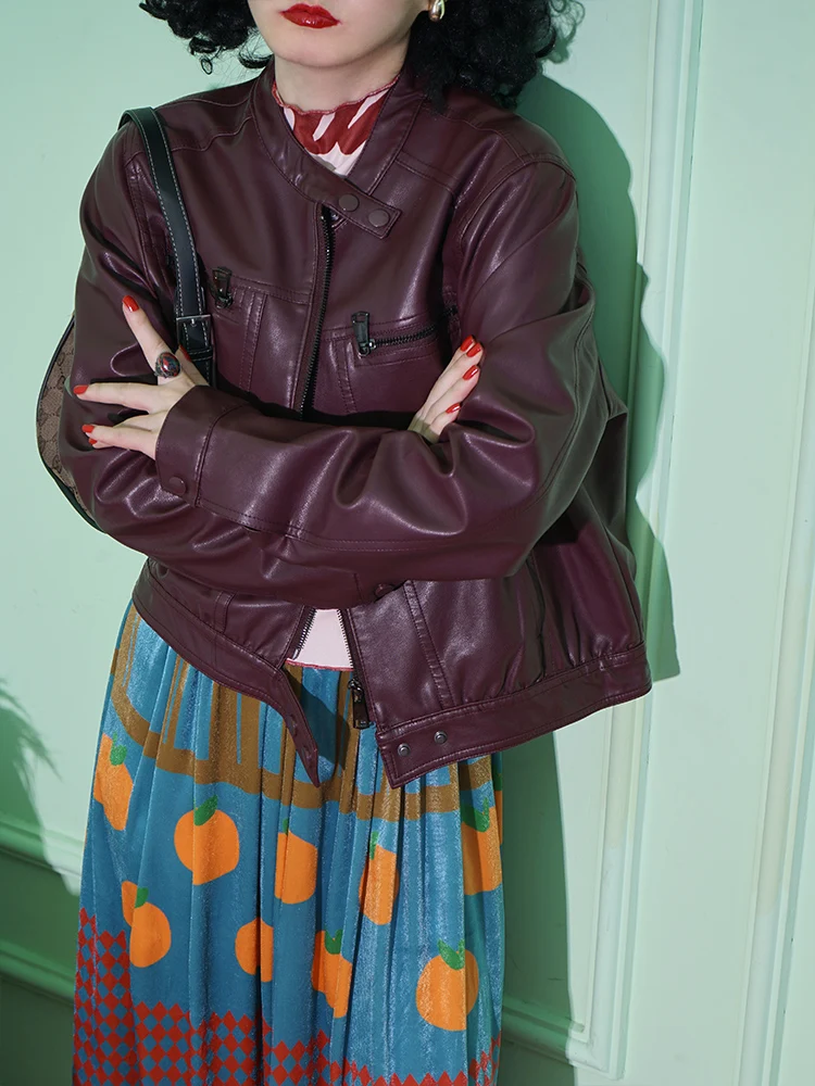 Early Autumn New Sle ort Sve Women's Leather Jaet Coffee Color Long Sve ort Coat Commute Sle Loose Fit PU Mat...