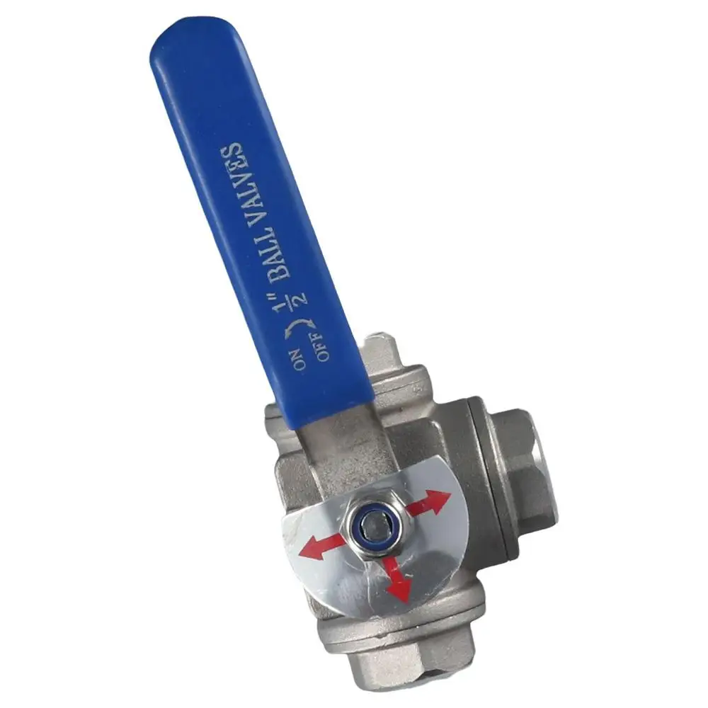 3-Way Ball Valve, T Mounting Pad, Stainless Steel 304 Female Type with Vinyl Locking Handle (1/2 Inch NPT)
