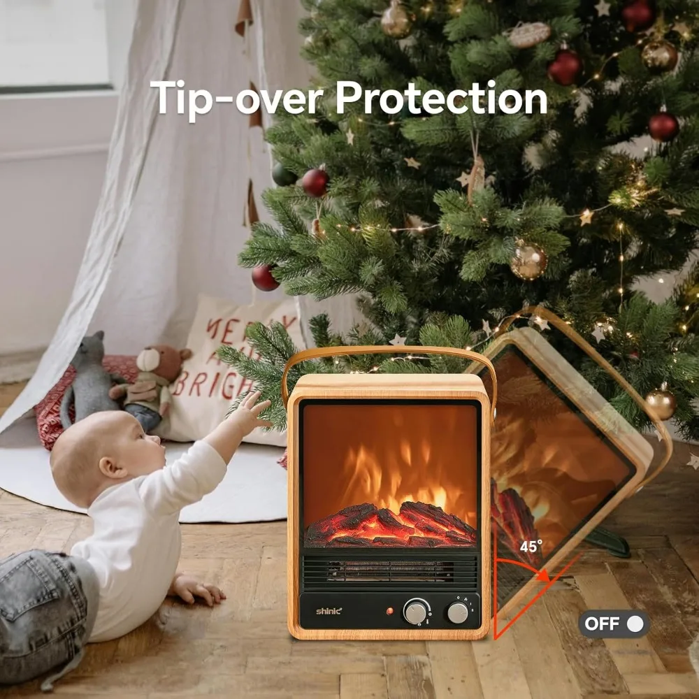Shinic 電気暖炉ヒーター 屋内用、1500W 暖炉スペースヒーター、リアルな3D炎とパチパチ音、調整可能