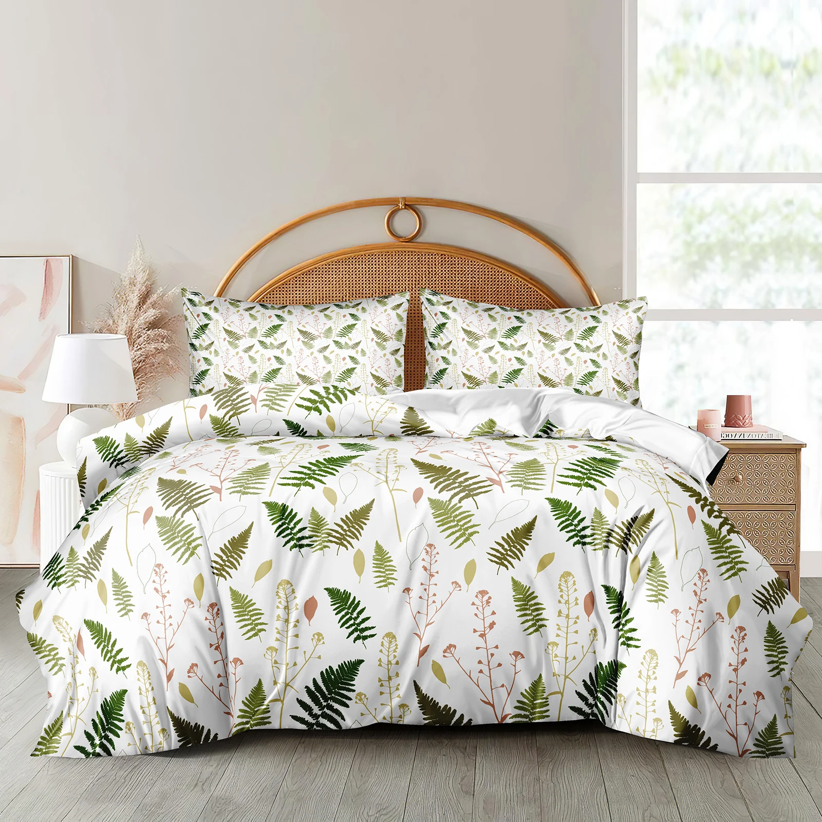 Green Branch Bedding Set Botanical Leaves Duvet Cover Nature Graden Bedding Set Girls with Zipper Closure