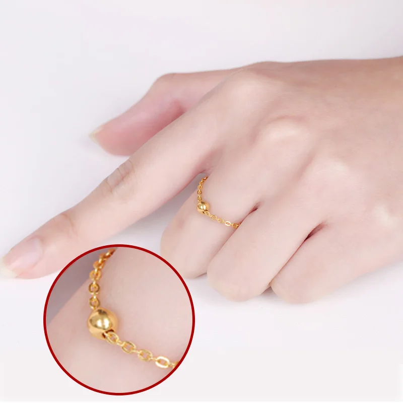 1pcs 999 24K Yellow Gold Ring For Women Small Ball with Rolo Link Ring US 5-12