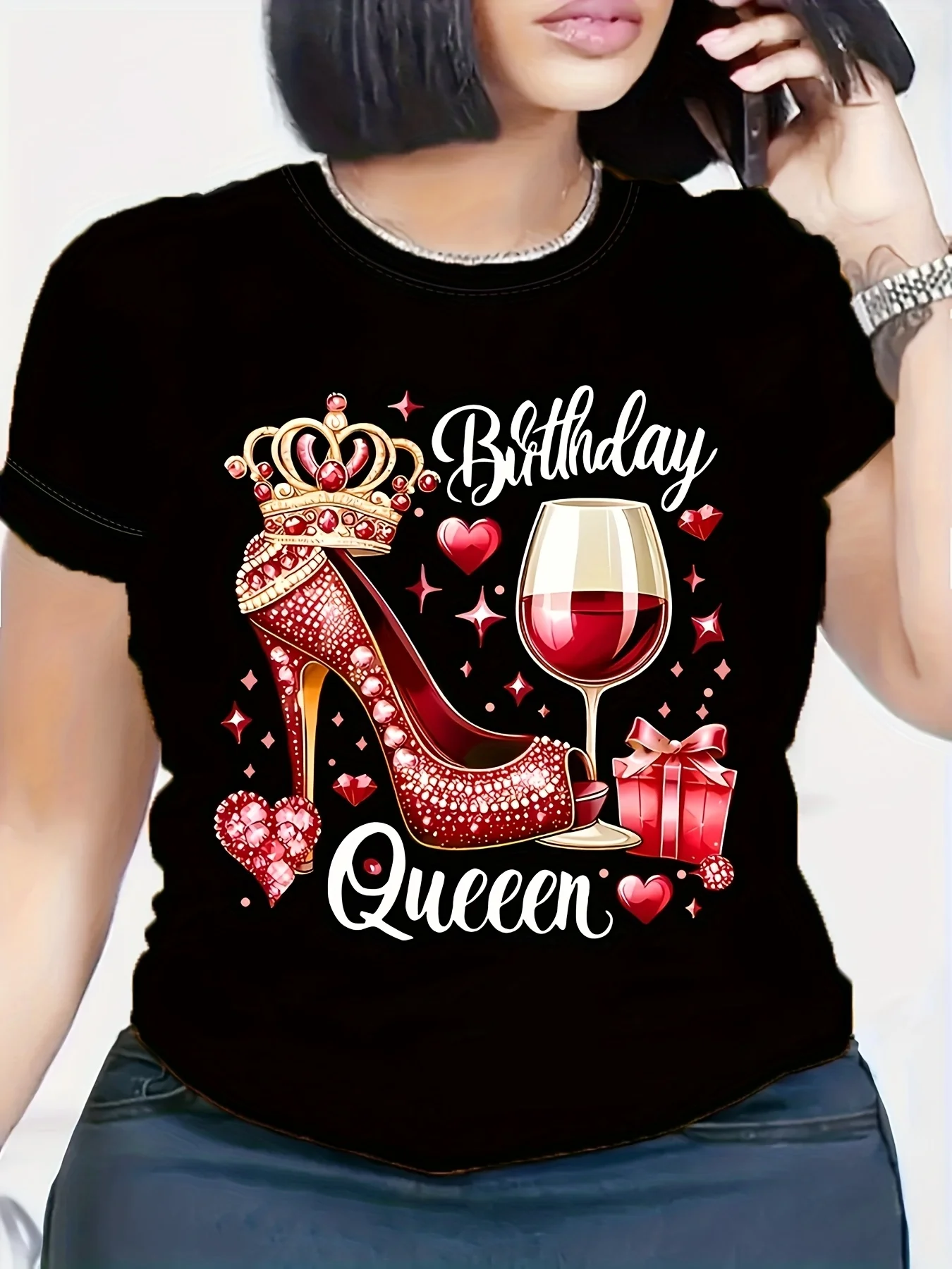 Red Birthday Queen  High Heels and Crown Wine Glass Pattern Casual Sleeve Round Neck Harajuku Sleeve Aesthetic Clothes