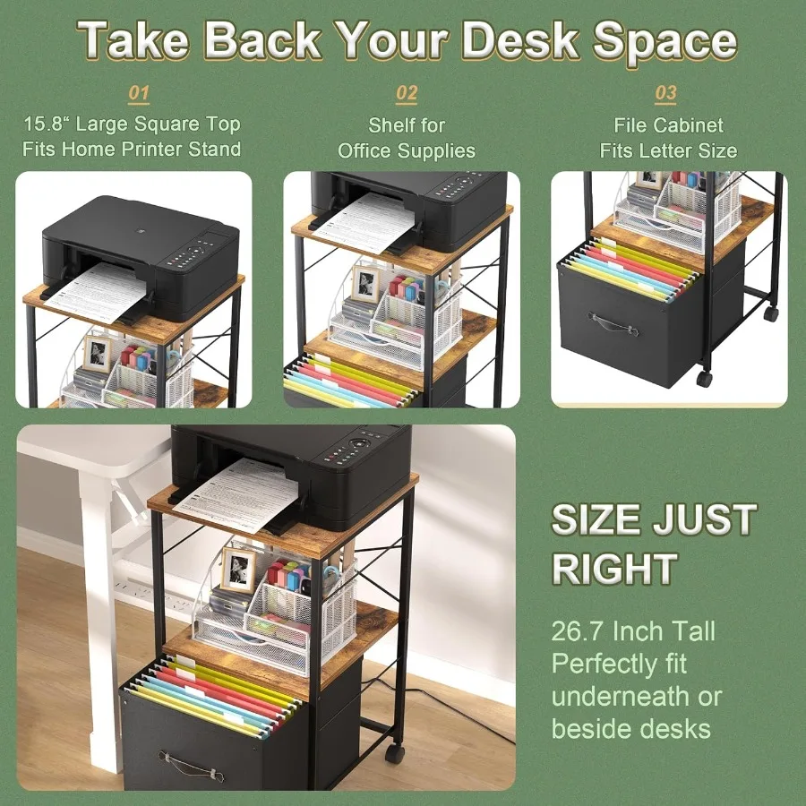 حامل طابعة كبير بعجلات مكسرة، وخزانة ملفات مثبتة على الجانب مع درجين قماشين كبيرين، أسود.