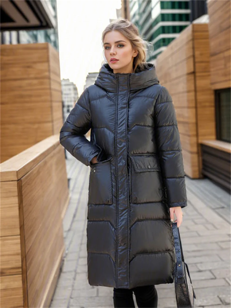 2024 New Thicken Snow Parkas Fashion Windproof Glossy Down Cotton Hooded Women Jacket Winter Loose Long Coat Ladies Outwear