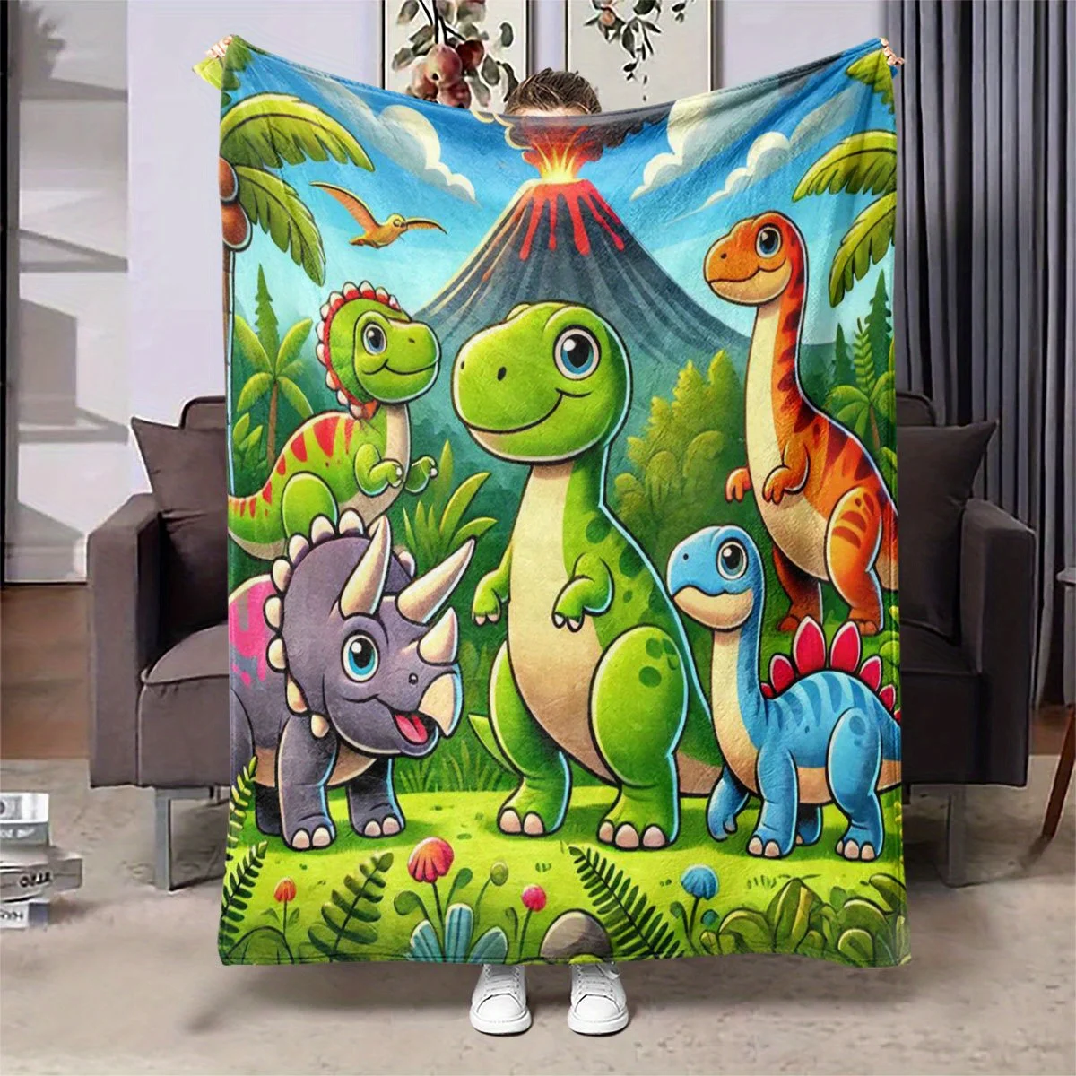 Tropical jungle erupting volcano Flannel printed blanket suitable for all seasons suitable for living room office sofa travel