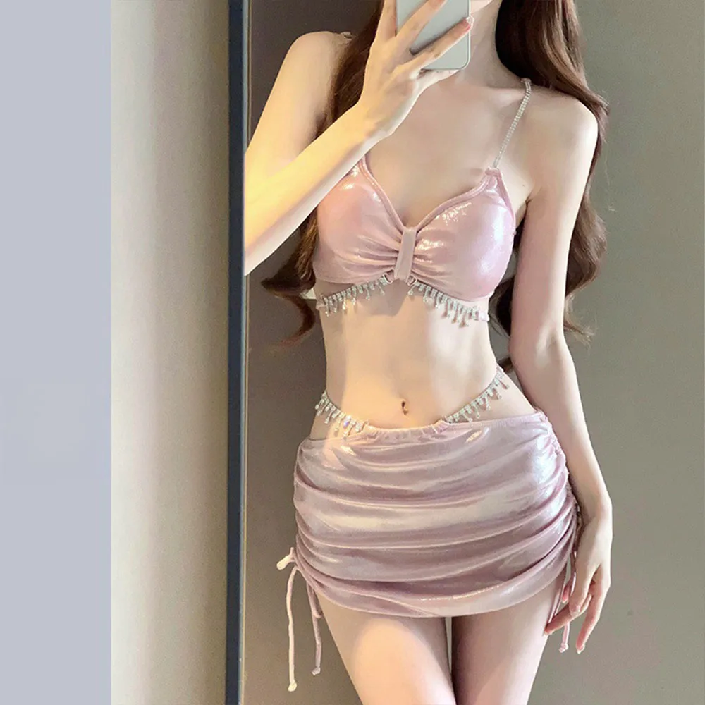 New 3Pcs Fashion Bikini Set with Rhinestones Tassels Crop Tops High Waisted Skirts Hot Spring Separate Women's Swimsuits