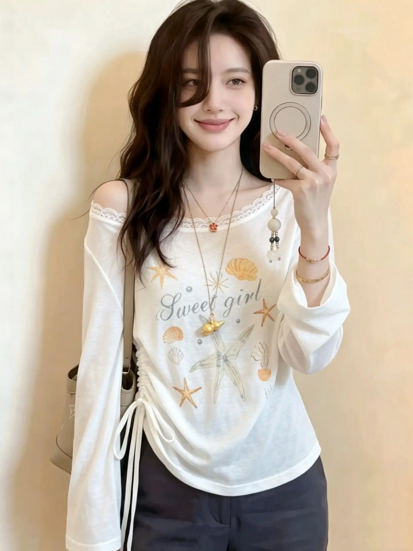 White Lace Shoulder Bared Long Sleeve T Shirt Women's Summer Thin Sun Protection Cover up Loose Fit Korean Style Citywalk