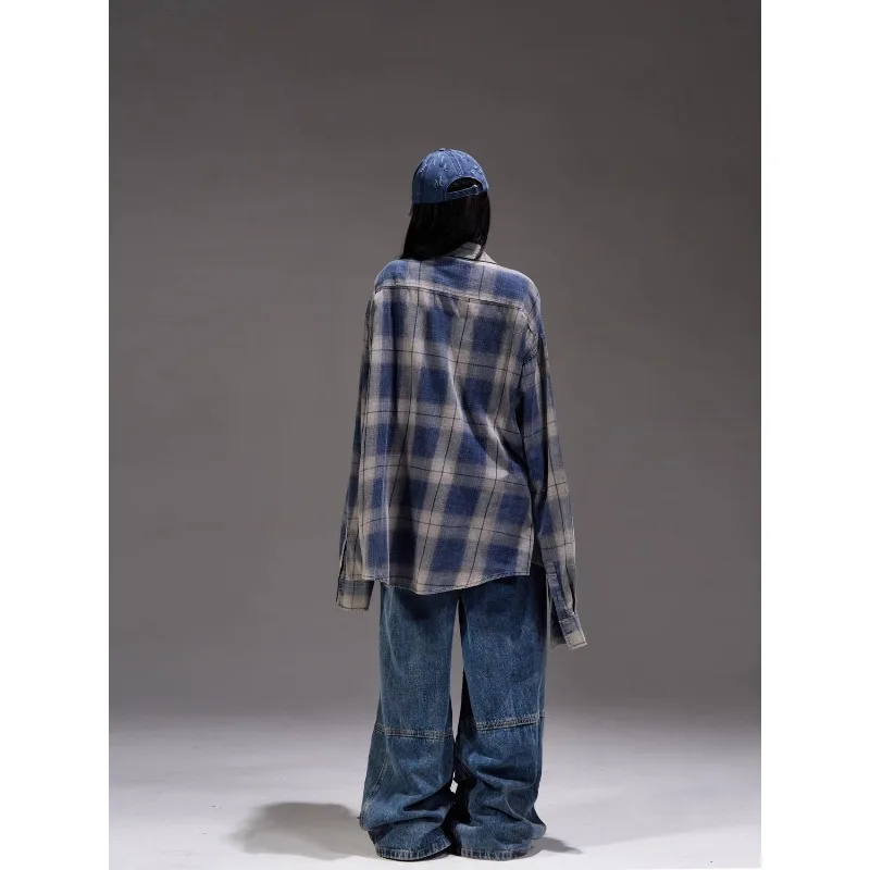 QWEEK Plaid Vintage Oversized Shirt Harajuku Streetwear Casual Youth Women's Blouses American Retro Patchwork Autumn Clothes