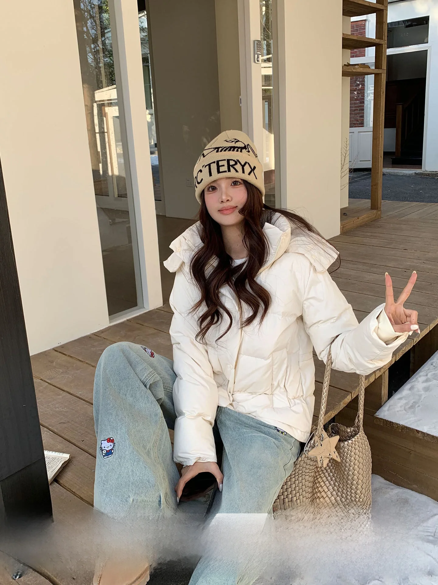 

Women's Loose Fitted White Du down Jaet 90% Feathers Warm Casual Sle Zipper Closure Long Sve Pure Color Winter Coat