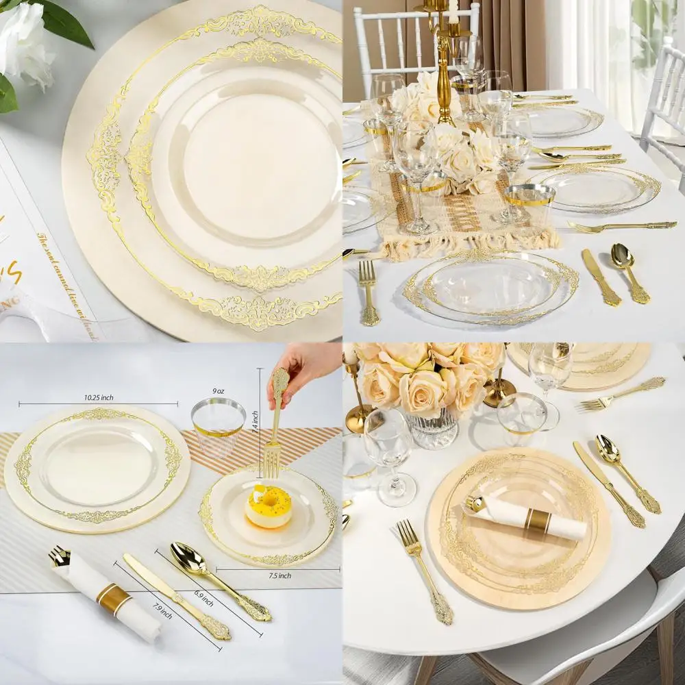 

Set of 350 Clear Plastic Plates with Gold Rims, 25 Silver Cutlery, Cups, and Napkins for 50 Guests - Ideal for Parties, Weddings