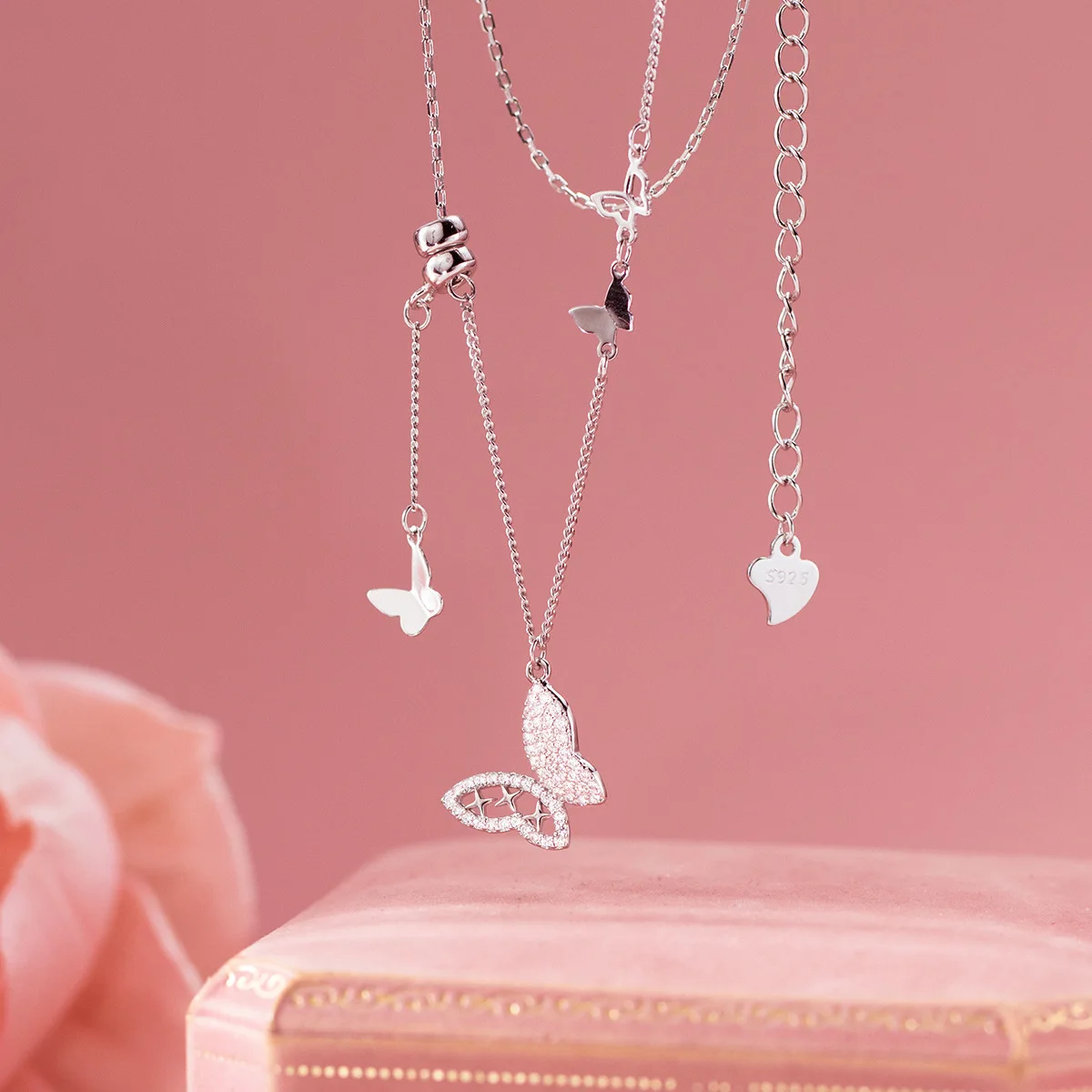 

47cm Silver 925 Necklaces For Women On Neck Butterfly Zircon 925 Sterling Silver Chain Chain Necklace Minimalist Hollow Out