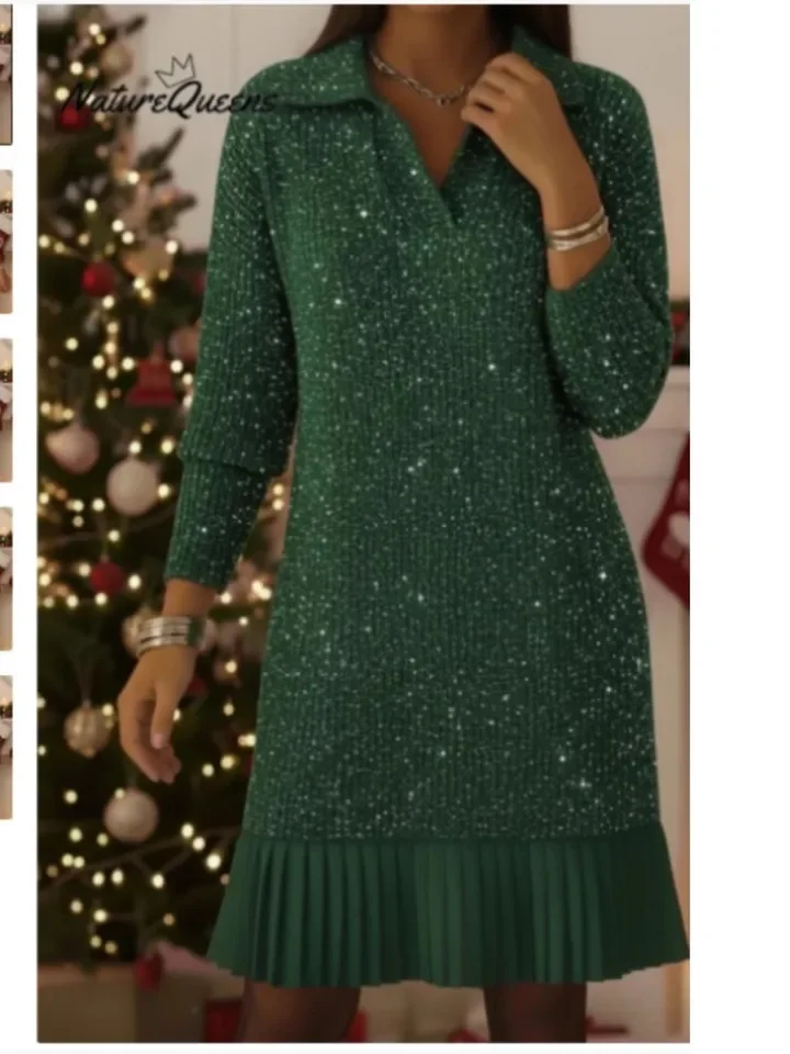 

Autumn Fashion Patchwork Pleated Knitted Women's Dresses Casual Lapel Loose Red Christmas Sweater Female Long-sleeved Dress 2025