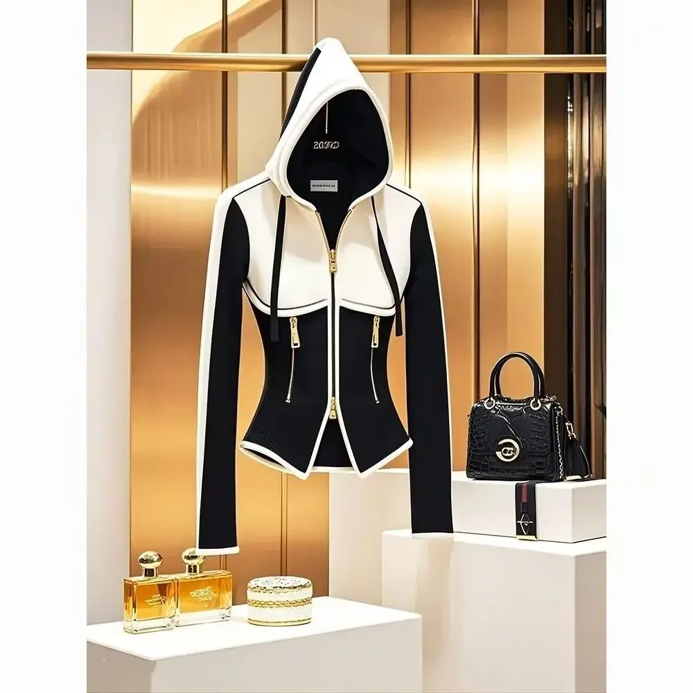 French White Black Patchwork Hooded Sweatshirt Women Jacket Waist 2025 Elegance Casual Office Lady High End Crop Top Zipper Coat