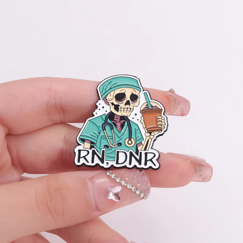 RN,DNR Medical Directive Enamel Pin Custom Skeleton Doctor Surgical Gown Stethoscope Brooch Lapel Badge Jewelry Gift for Friends