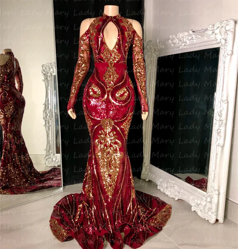 

2024 г., уникальные дизайнерские платья для выпускного вечера с блестками, Золотая аппликация, с вырезом «Ключ», открытыми плечами и длинными рукавами, Официальные Вечерние платья Aso Ebi