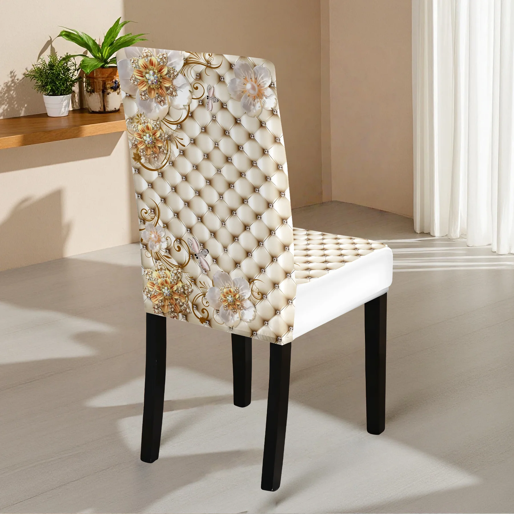 2026 New Elastic Full - Coverage Chair Cover, Luxurious Golden Floral & Diamond Pattern, Washable & Fade