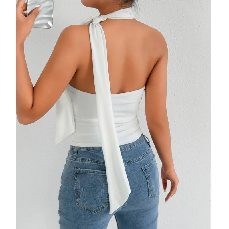 Women's Sleeveless High Neck Streamer Slim Fit Vest Sexy Elegant Nightclub Street Style Solid Color Casual Upper Outer
