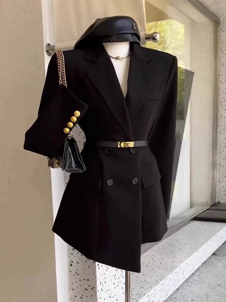 2023 New Autumn Black Suit giacca lunga High-end Slim Fit metallo doppio petto abito irregolare abito da donna giacca da ufficio