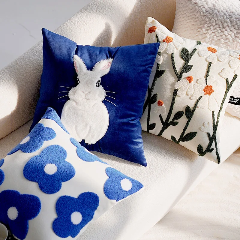 Plush pillow cover, flower, rabbit, cute, blue, for sofa, living room, bed side, 45x45 cm