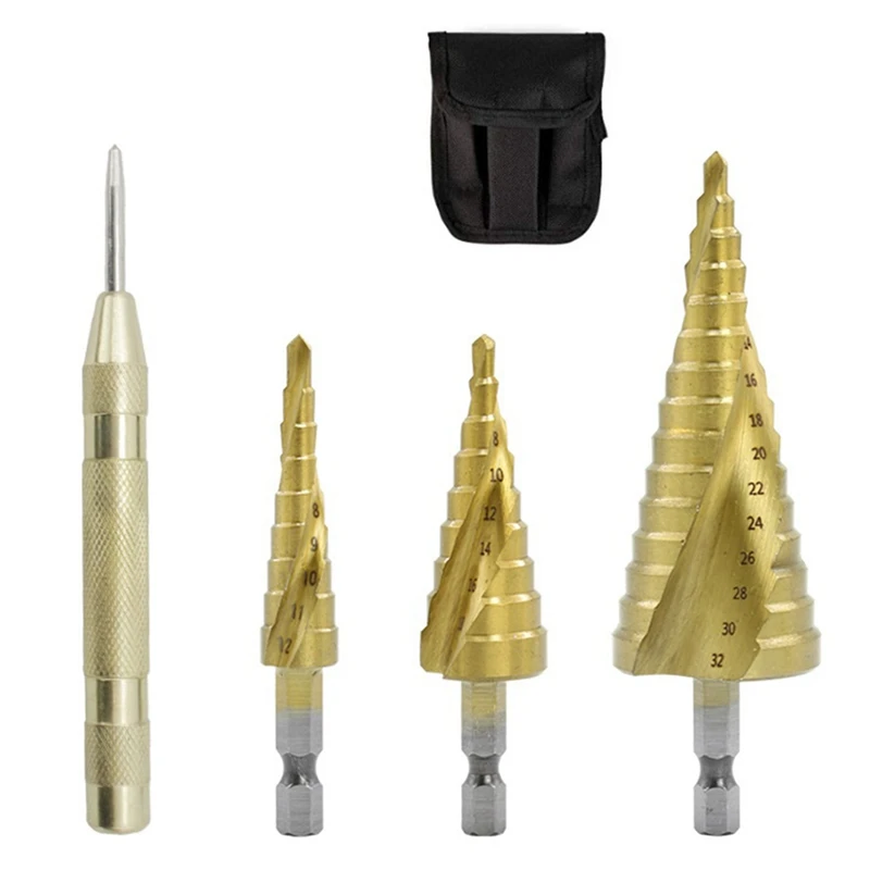 Spiral Stepped Drill Hexagon Handle 4PC Hexagon Stepped Drill Punching Suit Is Suitable For Plastic And Metal Plates.