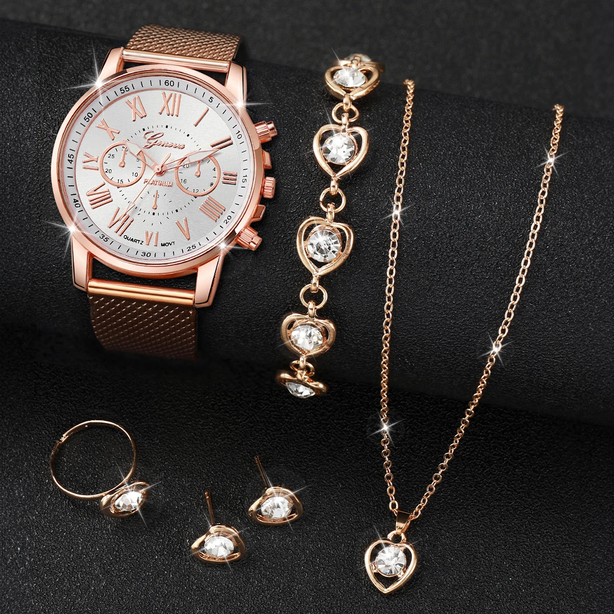 5PCS/Set Geneva Watch Fashion Women Watches Rhinestone Heart Jewelry Set Casual Plastic Band Ladies Quartz Watch（Without Box）