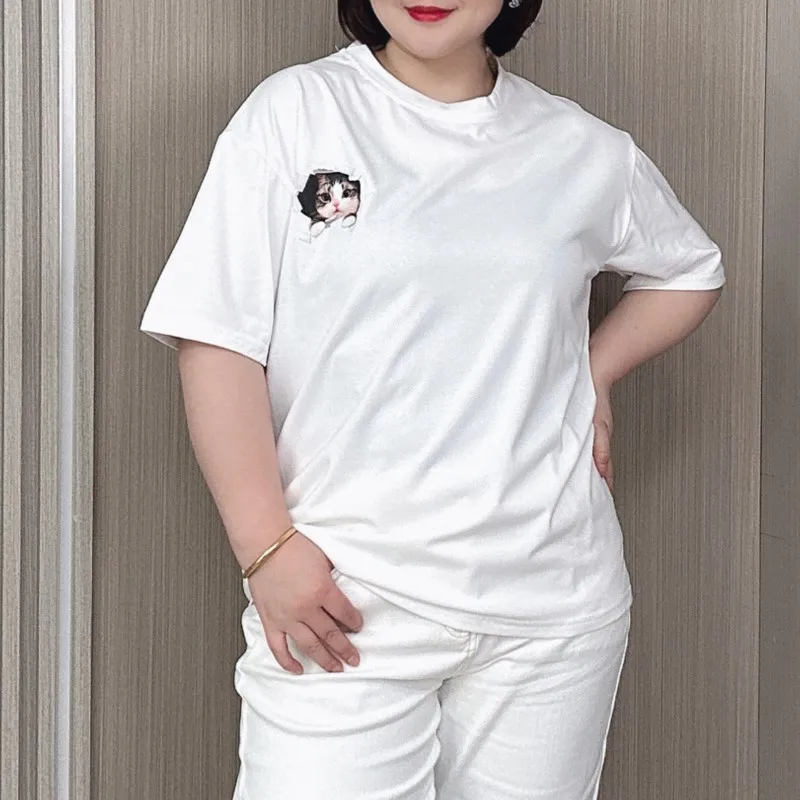 Summer Short Sleeve T-shirt Women 2024 New Plus Size Loose Thin Cat Print Casual Cotton Tees