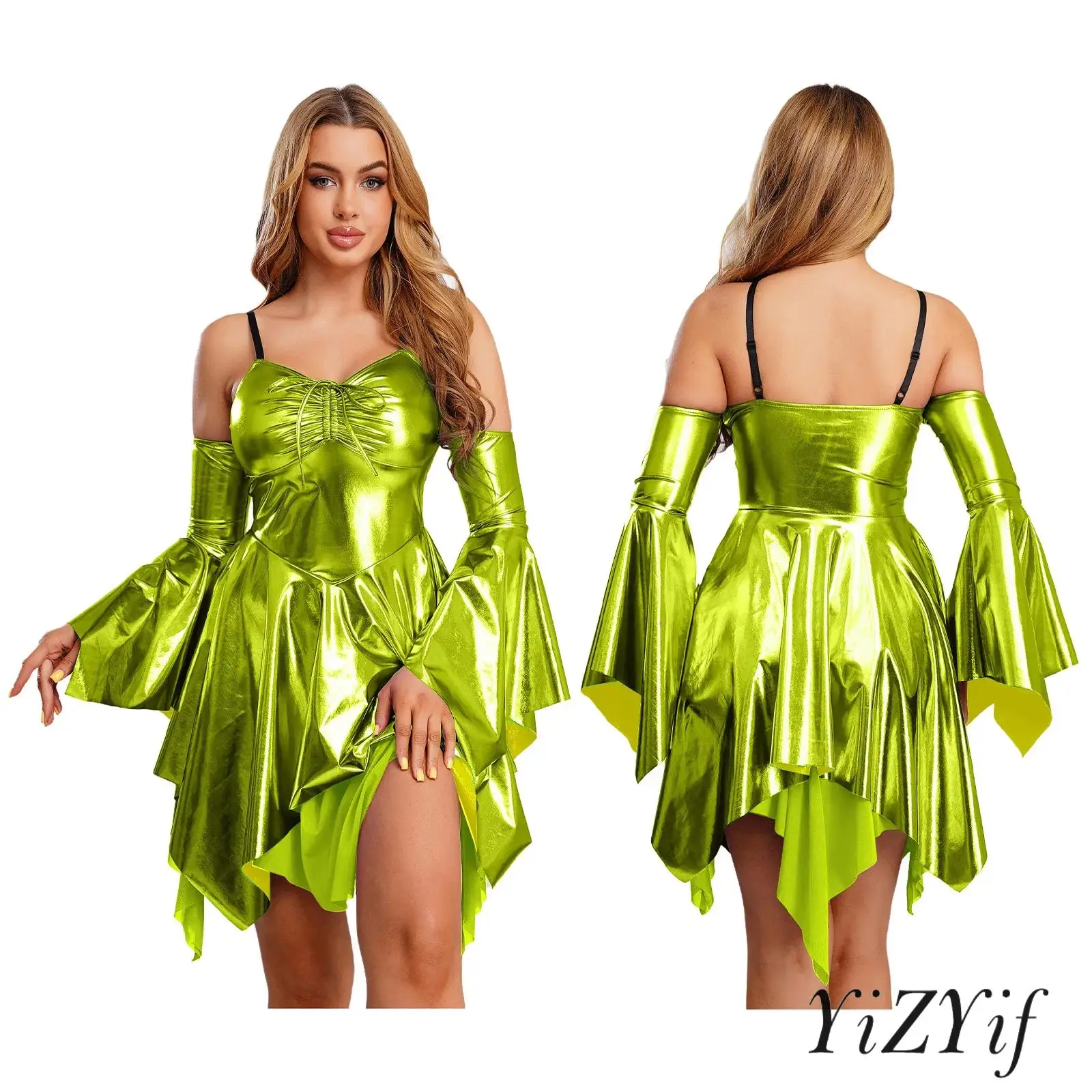 

Womens Radiant Party Gown Cold Shoulder Long Sleeve Drawstring Irregular Hem Metallic Cami Dress Streetwear for Nightclub Wear