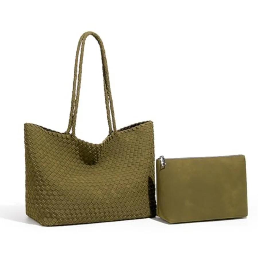 

Woven Suede Shoulder Bag Tote Set for Women Handwoven Suede Tote with Matching Pouch Casual Soft Woven Handbag